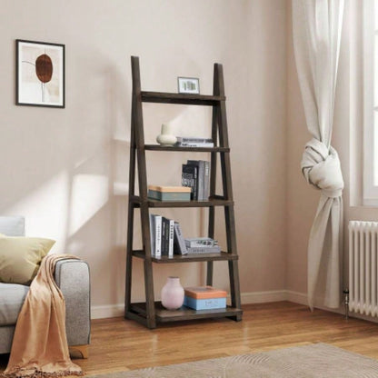 5 - Tier Shelves, Bookshelf, Storage Rack, Bookcase with Rubber Wood Frame, Ladder Shelf Living Room, Home Office, Kitchen, Bedroom, Apartment, Rustic Brown