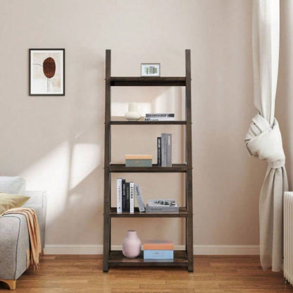 5 - Tier Shelves, Bookshelf, Storage Rack, Bookcase with Rubber Wood Frame, Ladder Shelf Living Room, Home Office, Kitchen, Bedroom, Apartment, Rustic Brown