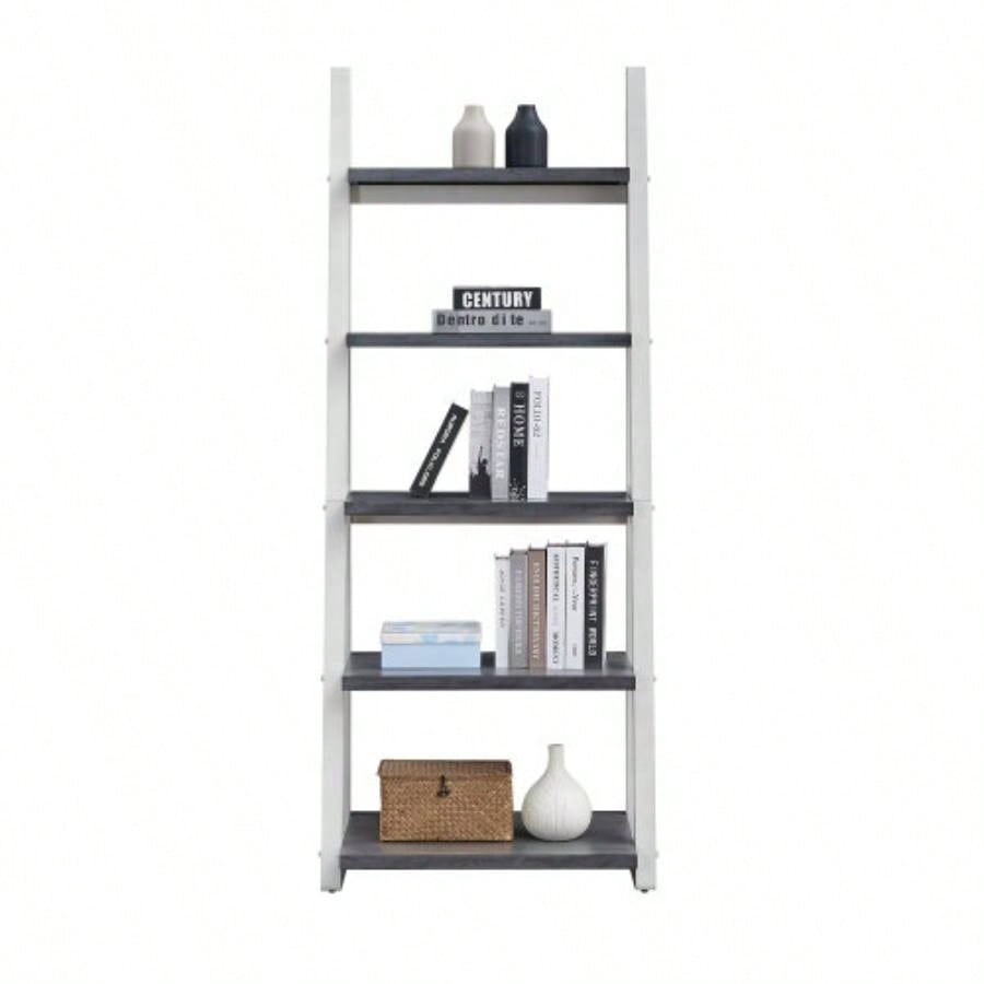 5 - Tier Shelves, Bookshelf, Storage Rack, Bookcase with Rubber Wood Frame, Ladder Shelf Living Room, Home Office, Kitchen, Bedroom, Apartment