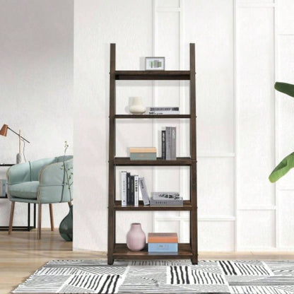 5 - Tier Shelves, Bookshelf, Storage Rack, Bookcase with Rubber Wood Frame, Ladder Shelf Living Room, Home Office, Kitchen, Bedroom, Apartment, Rustic Brown