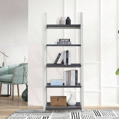 5 - Tier Shelves, Bookshelf, Storage Rack, Bookcase with Rubber Wood Frame, Ladder Shelf Living Room, Home Office, Kitchen, Bedroom, Apartment