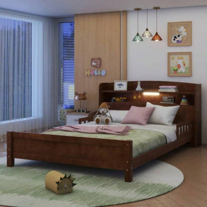 Full Pine Wood Bed with Bookcase Headboard, LED Motion Sensor Light, Bed Guardrails, Walnut