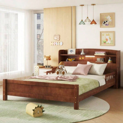 Full Pine Wood Bed with Bookcase Headboard, LED Motion Sensor Light, Bed Guardrails, Walnut
