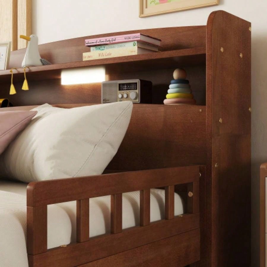 Full Pine Wood Bed with Bookcase Headboard, LED Motion Sensor Light, Bed Guardrails, Walnut