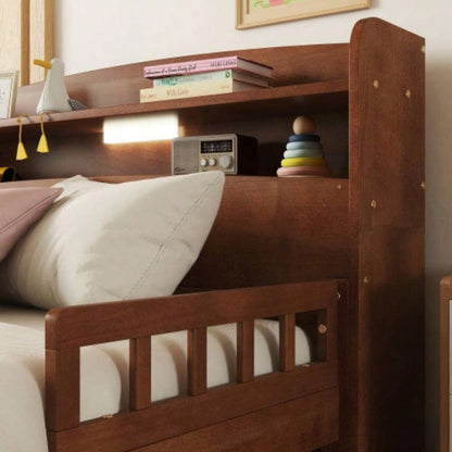 Full Pine Wood Bed with Bookcase Headboard, LED Motion Sensor Light, Bed Guardrails, Walnut