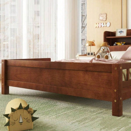 Full Pine Wood Bed with Bookcase Headboard, LED Motion Sensor Light, Bed Guardrails, Walnut
