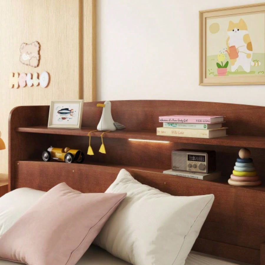 Full Pine Wood Bed with Bookcase Headboard, LED Motion Sensor Light, Bed Guardrails, Walnut