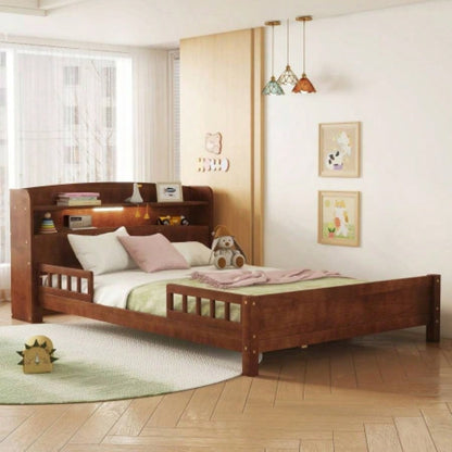 Full Pine Wood Bed with Bookcase Headboard, LED Motion Sensor Light, Bed Guardrails, Walnut