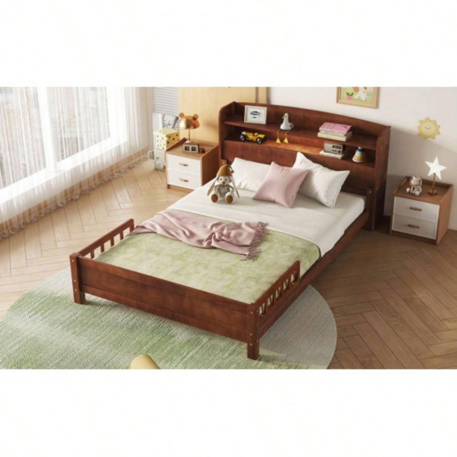 Full Pine Wood Bed with Bookcase Headboard, LED Motion Sensor Light, Bed Guardrails, Walnut