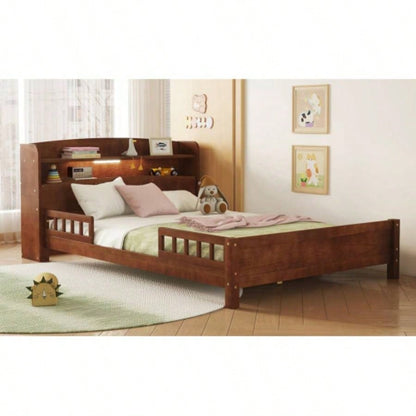 Full Pine Wood Bed with Bookcase Headboard, LED Motion Sensor Light, Bed Guardrails, Walnut