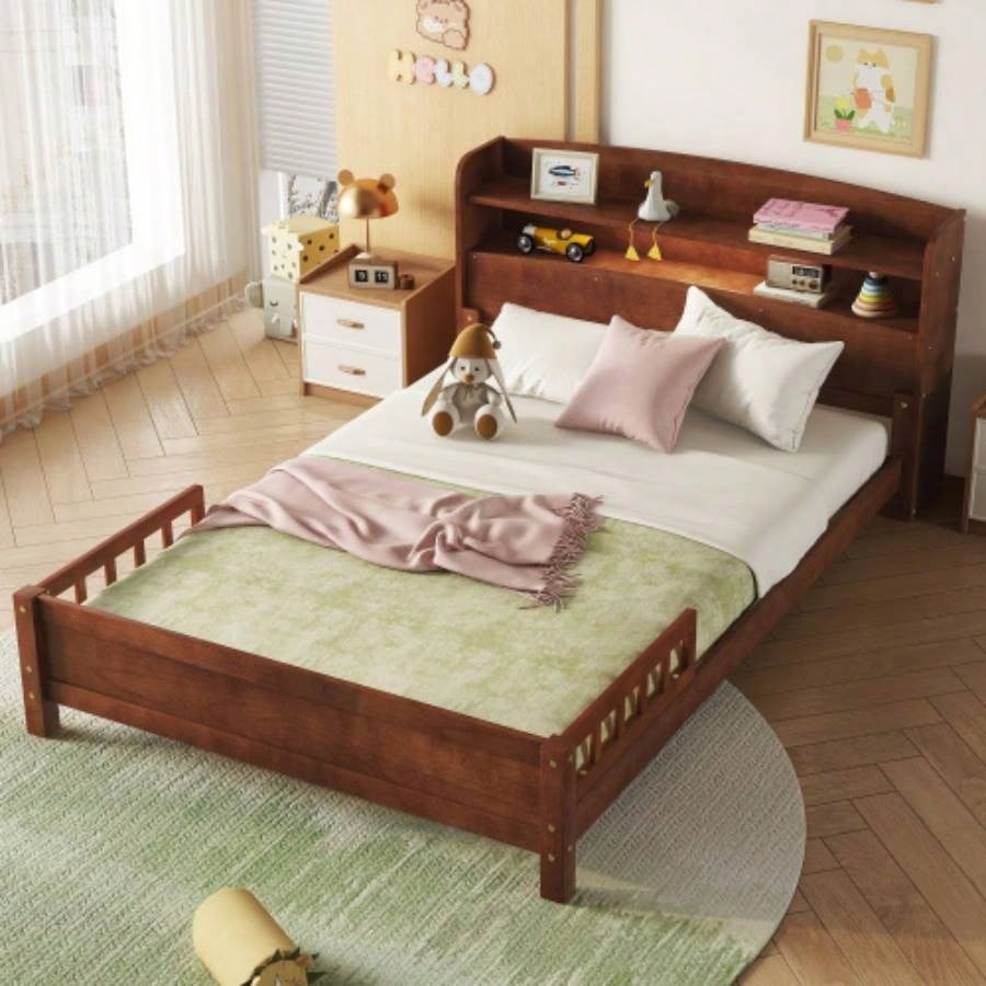 Full Pine Wood Bed with Bookcase Headboard, LED Motion Sensor Light, Bed Guardrails, Walnut