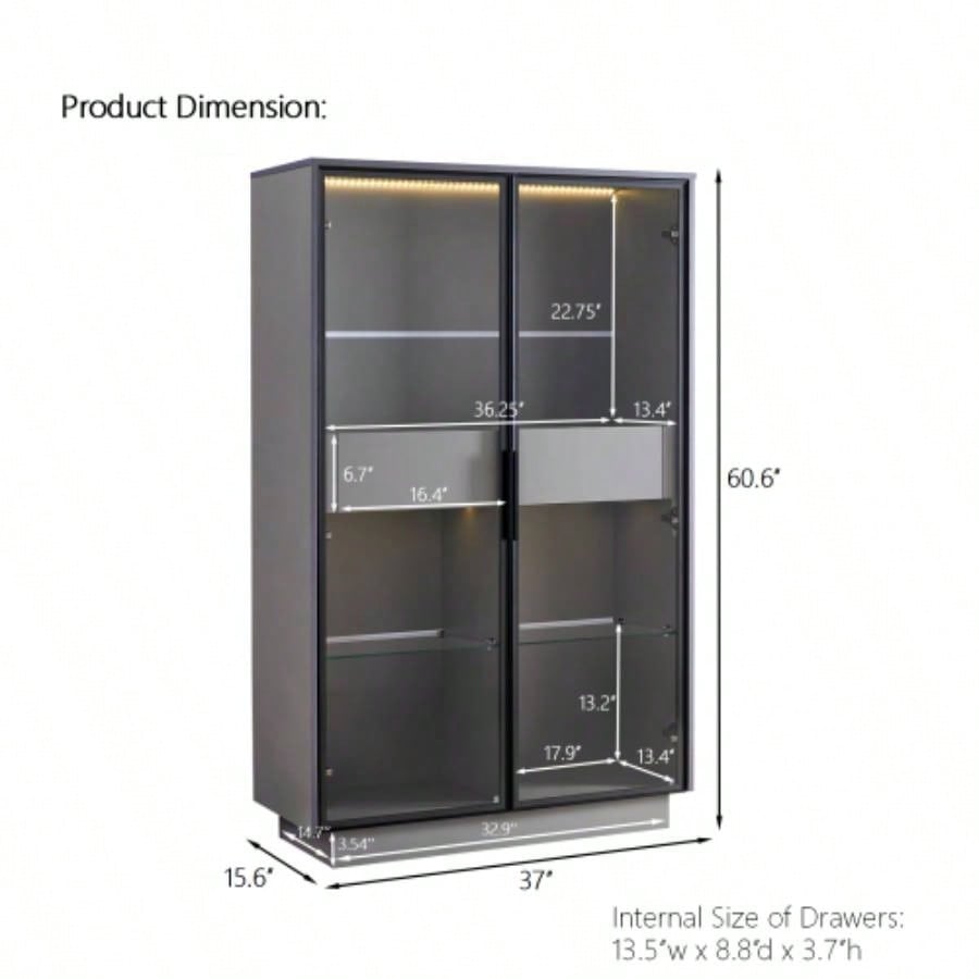 60.6 Freestanding Display Cabinet with 2 Storage Drawers, Pantry with Glass Doors LED Lighting, Modern Bookcase with Adjustable Shelves Hallways, Kitchen, Livingroom Office -