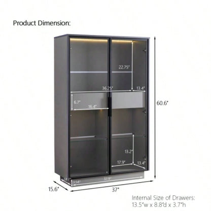 60.6 Freestanding Display Cabinet with 2 Storage Drawers, Pantry with Glass Doors LED Lighting, Modern Bookcase with Adjustable Shelves Hallways, Kitchen, Livingroom Office -