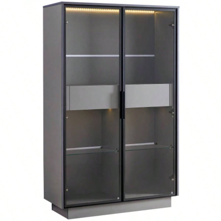 60.6 Freestanding Display Cabinet with 2 Storage Drawers, Pantry with Glass Doors LED Lighting, Modern Bookcase with Adjustable Shelves Hallways, Kitchen, Livingroom Office -
