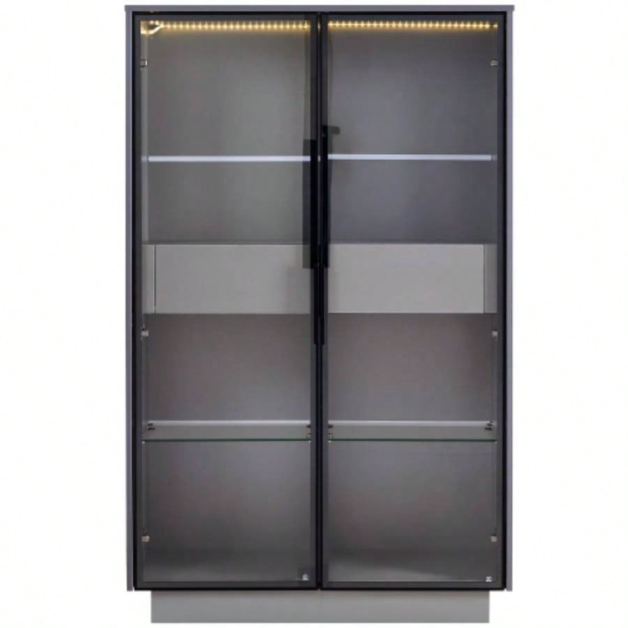 60.6 Freestanding Display Cabinet with 2 Storage Drawers, Pantry with Glass Doors LED Lighting, Modern Bookcase with Adjustable Shelves Hallways, Kitchen, Livingroom Office -