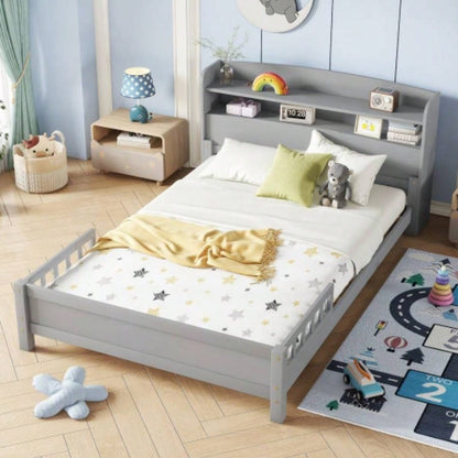 Full Pine Wood Bed with Bookcase Headboard, LED Motion Sensor Light, Bed Guardrails,