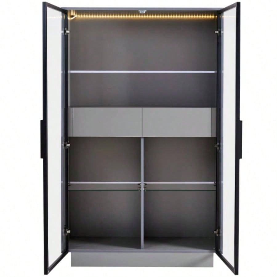 60.6 Freestanding Display Cabinet with 2 Storage Drawers, Pantry with Glass Doors LED Lighting, Modern Bookcase with Adjustable Shelves Hallways, Kitchen, Livingroom Office -