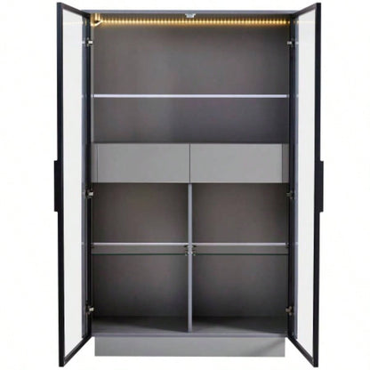 60.6 Freestanding Display Cabinet with 2 Storage Drawers, Pantry with Glass Doors LED Lighting, Modern Bookcase with Adjustable Shelves Hallways, Kitchen, Livingroom Office -