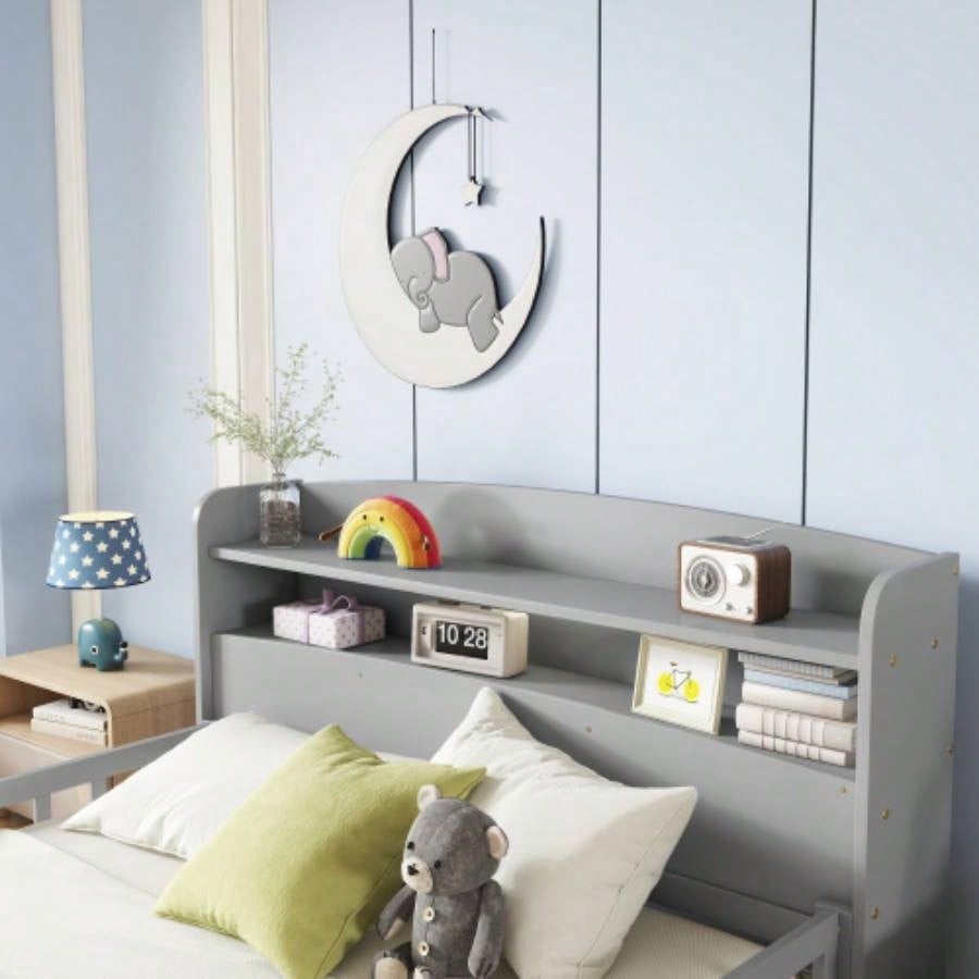 Full Pine Wood Bed with Bookcase Headboard, LED Motion Sensor Light, Bed Guardrails,