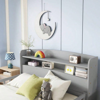 Full Pine Wood Bed with Bookcase Headboard, LED Motion Sensor Light, Bed Guardrails,