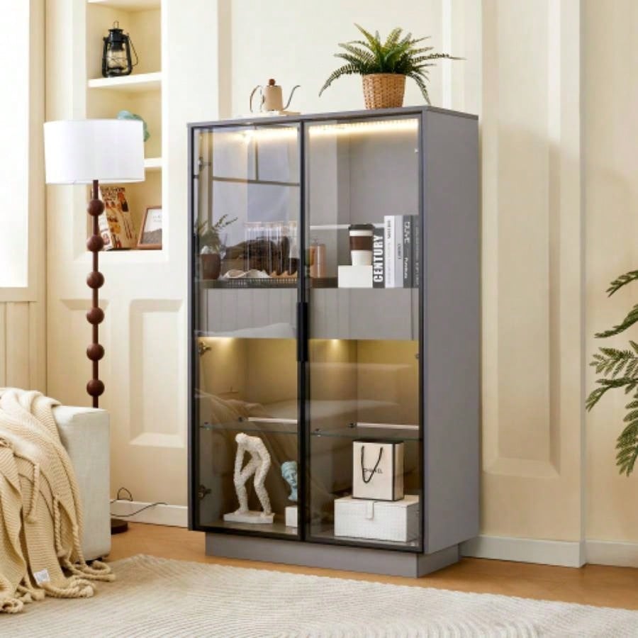 60.6 Freestanding Display Cabinet with 2 Storage Drawers, Pantry with Glass Doors LED Lighting, Modern Bookcase with Adjustable Shelves Hallways, Kitchen, Livingroom Office -