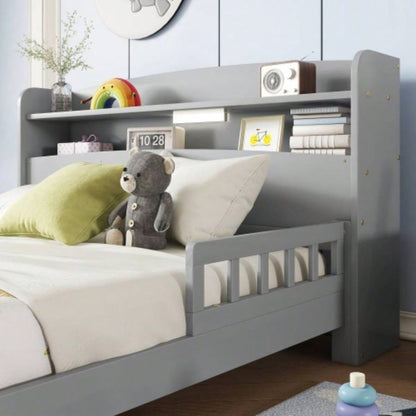 Full Pine Wood Bed with Bookcase Headboard, LED Motion Sensor Light, Bed Guardrails,