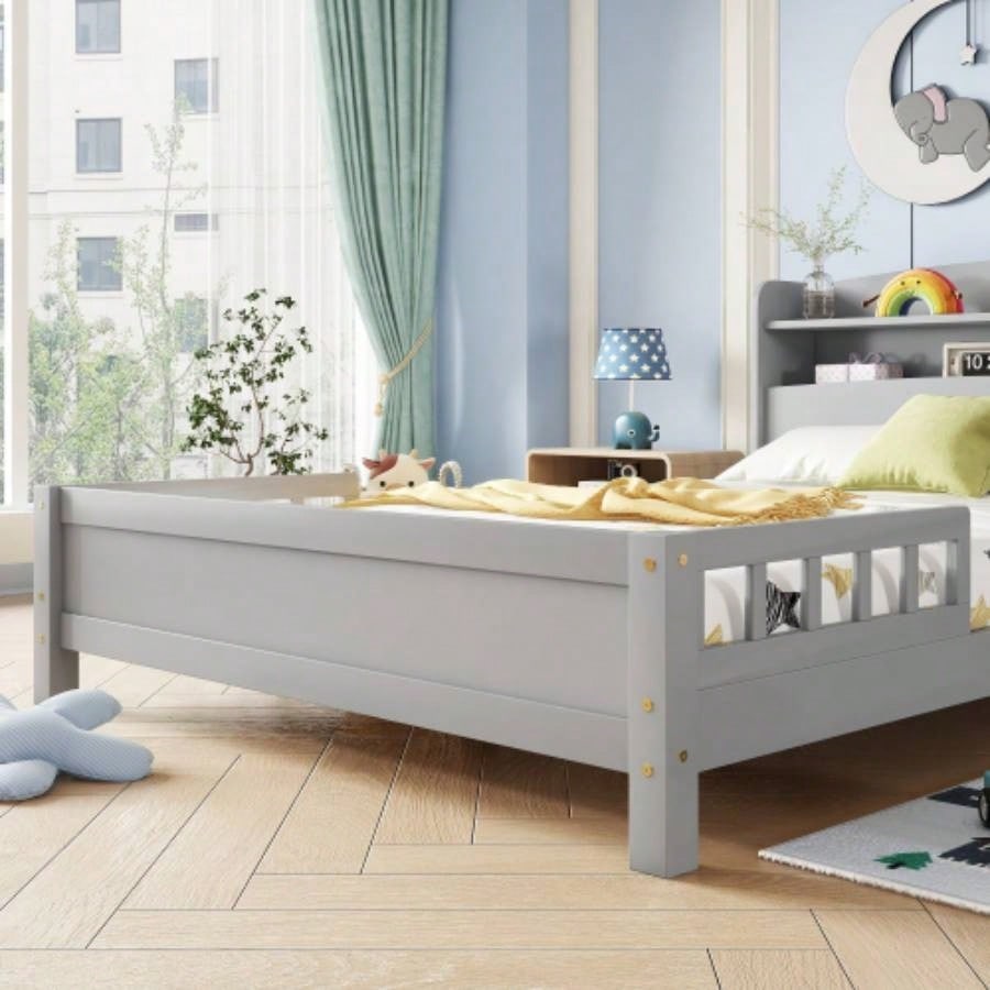 Full Pine Wood Bed with Bookcase Headboard, LED Motion Sensor Light, Bed Guardrails,