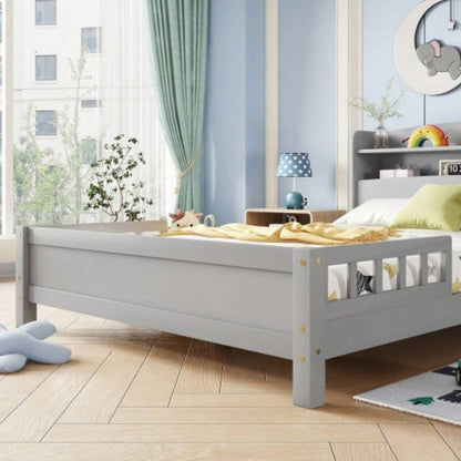 Full Pine Wood Bed with Bookcase Headboard, LED Motion Sensor Light, Bed Guardrails,