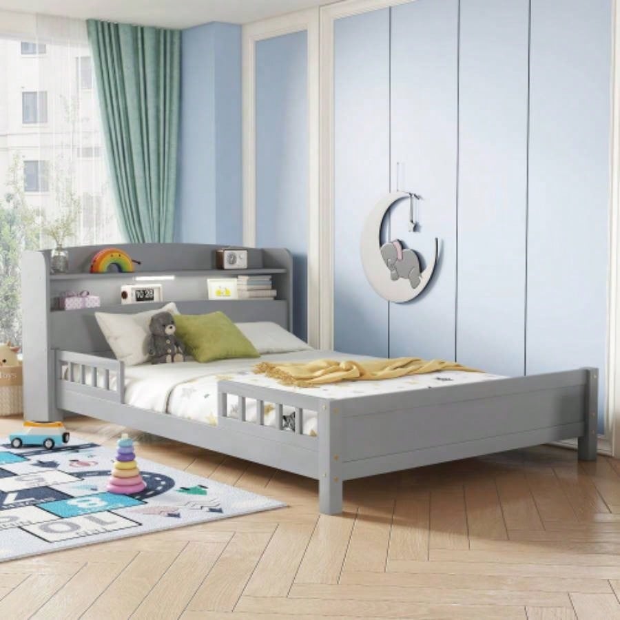 Full Pine Wood Bed with Bookcase Headboard, LED Motion Sensor Light, Bed Guardrails,