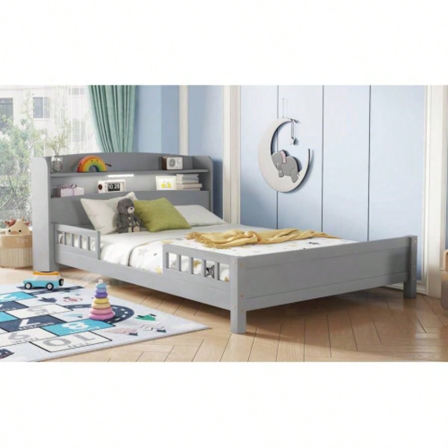 Full Pine Wood Bed with Bookcase Headboard, LED Motion Sensor Light, Bed Guardrails,