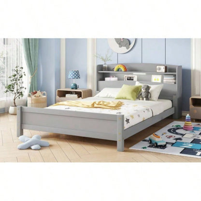 Full Pine Wood Bed with Bookcase Headboard, LED Motion Sensor Light, Bed Guardrails,