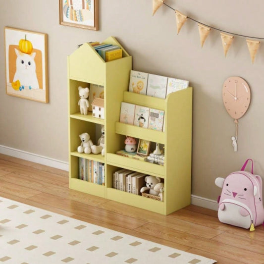 Yellow Kids Wooden Bookshelf Toy Storage Organizer with Bookcase, Kids Bin Storage Unit with 6 Compartments 2 Baskets Bins Toys Box Organizer, Children Multi Shelf Cubby Books, Toys Shelf