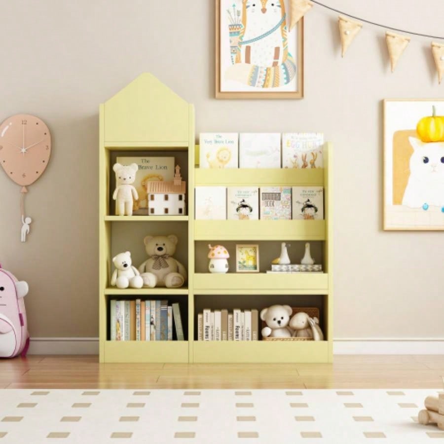 Yellow Kids Wooden Bookshelf Toy Storage Organizer with Bookcase, Kids Bin Storage Unit with 6 Compartments 2 Baskets Bins Toys Box Organizer, Children Multi Shelf Cubby Books, Toys Shelf