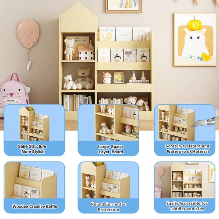 Wood Kids Wooden Bookshelf Toy Storage Organizer with Bookcase, Kids Bin Storage Unit with 6 Compartments 2 Baskets Bins Toys Box Organizer, Children Multi Shelf Cubby Books, Toys Shelf