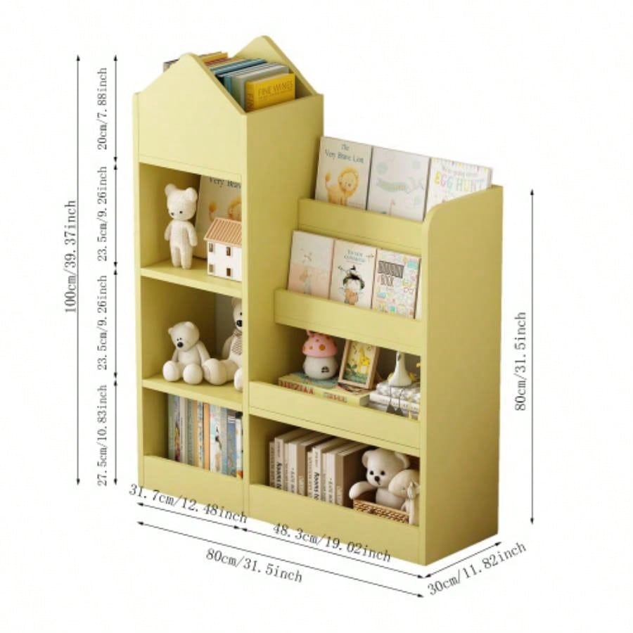 Yellow Kids Wooden Bookshelf Toy Storage Organizer with Bookcase, Kids Bin Storage Unit with 6 Compartments 2 Baskets Bins Toys Box Organizer, Children Multi Shelf Cubby Books, Toys Shelf