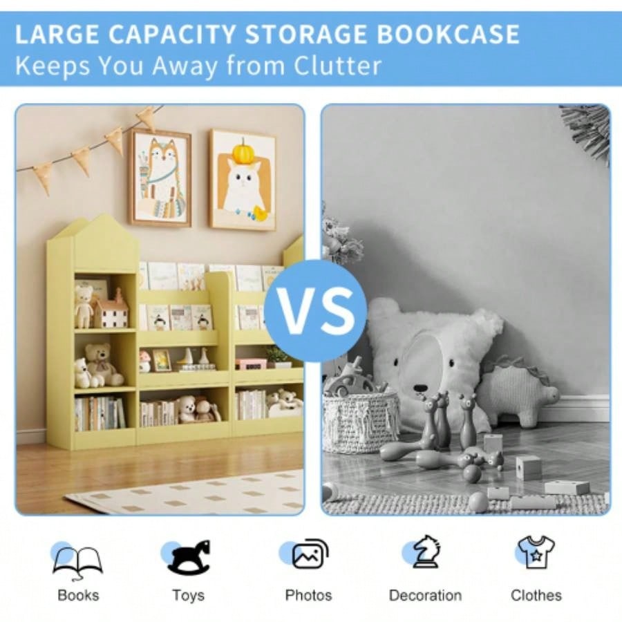 Yellow Kids Wooden Bookshelf Toy Storage Organizer with Bookcase, Kids Bin Storage Unit with 6 Compartments 2 Baskets Bins Toys Box Organizer, Children Multi Shelf Cubby Books, Toys Shelf