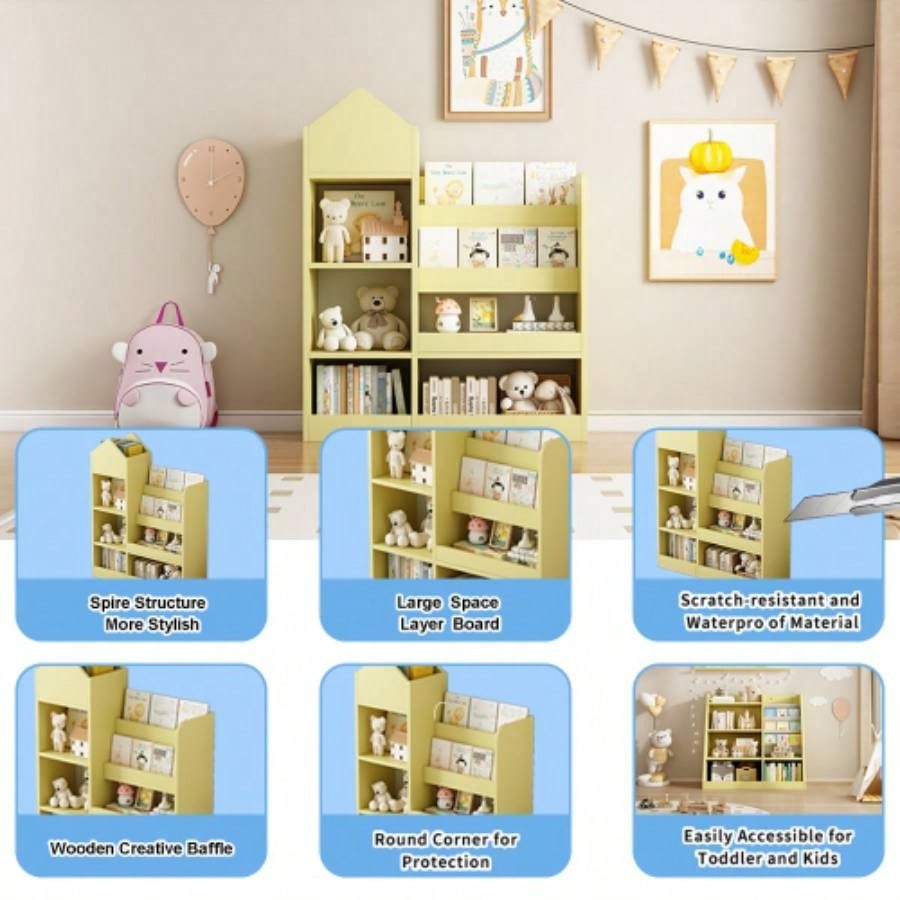 Yellow Kids Wooden Bookshelf Toy Storage Organizer with Bookcase, Kids Bin Storage Unit with 6 Compartments 2 Baskets Bins Toys Box Organizer, Children Multi Shelf Cubby Books, Toys Shelf