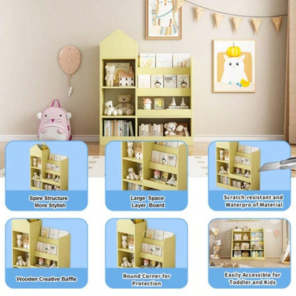 Yellow Kids Wooden Bookshelf Toy Storage Organizer with Bookcase, Kids Bin Storage Unit with 6 Compartments 2 Baskets Bins Toys Box Organizer, Children Multi Shelf Cubby Books, Toys Shelf
