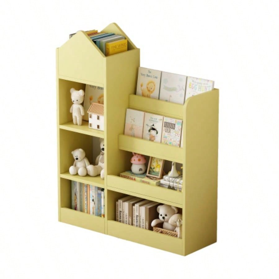 Yellow Kids Wooden Bookshelf Toy Storage Organizer with Bookcase, Kids Bin Storage Unit with 6 Compartments 2 Baskets Bins Toys Box Organizer, Children Multi Shelf Cubby Books, Toys Shelf