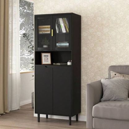 Tempered Glass Door Tall Storage Bookcase with adjustable board, 4 doors MDF painting finished cabinet, Black, Living room Bedroom storage