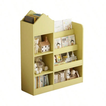 Yellow Kids Wooden Bookshelf Toy Storage Organizer with Bookcase, Kids Bin Storage Unit with 6 Compartments 2 Baskets Bins Toys Box Organizer, Children Multi Shelf Cubby Books, Toys Shelf