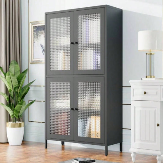 Classic Metal Storage Cabinet Display Cabinet with 4 Glass Doors 4 Shelves Cabinet Bookcase Side Cabinet Home Office Living Room Kitchen Hallway - Black, Waffle Grids Tempered Glass