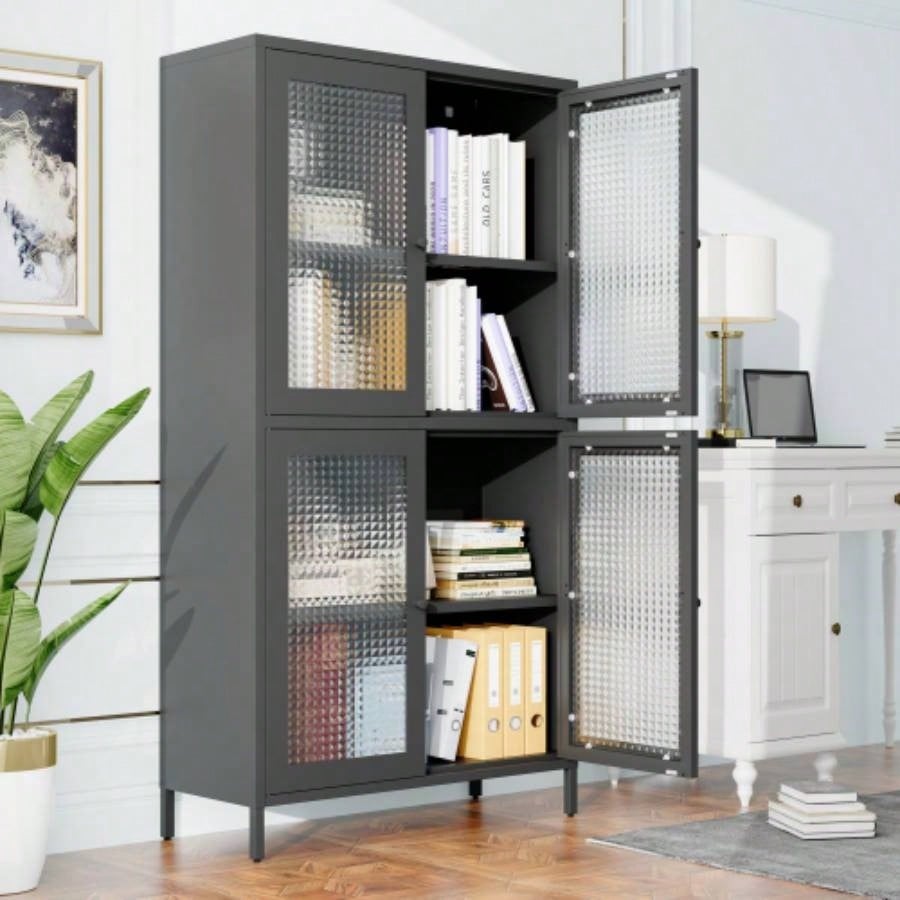 Classic Metal Storage Cabinet Display Cabinet with 4 Glass Doors 4 Shelves Cabinet Bookcase Side Cabinet Home Office Living Room Kitchen Hallway - Black, Waffle Grids Tempered Glass