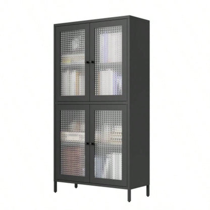 Classic Metal Storage Cabinet Display Cabinet with 4 Glass Doors 4 Shelves Cabinet Bookcase Side Cabinet Home Office Living Room Kitchen Hallway - Black, Waffle Grids Tempered Glass
