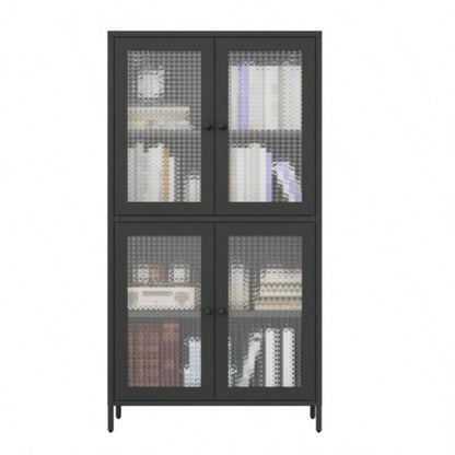 Classic Metal Storage Cabinet Display Cabinet with 4 Glass Doors 4 Shelves Cabinet Bookcase Side Cabinet Home Office Living Room Kitchen Hallway - Black, Waffle Grids Tempered Glass