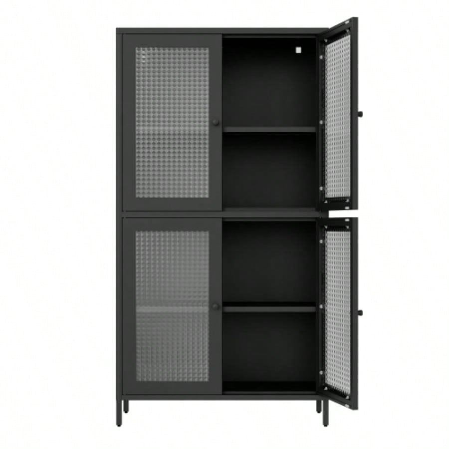 Classic Metal Storage Cabinet Display Cabinet with 4 Glass Doors 4 Shelves Cabinet Bookcase Side Cabinet Home Office Living Room Kitchen Hallway - Black, Waffle Grids Tempered Glass