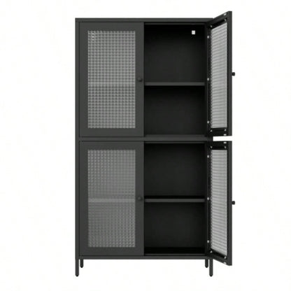 Classic Metal Storage Cabinet Display Cabinet with 4 Glass Doors 4 Shelves Cabinet Bookcase Side Cabinet Home Office Living Room Kitchen Hallway - Black, Waffle Grids Tempered Glass