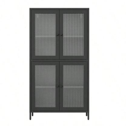 Classic Metal Storage Cabinet Display Cabinet with 4 Glass Doors 4 Shelves Cabinet Bookcase Side Cabinet Home Office Living Room Kitchen Hallway - Black, Waffle Grids Tempered Glass