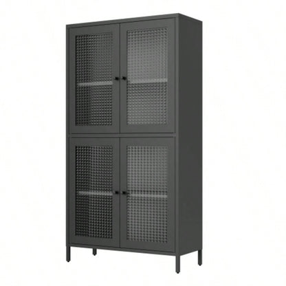 Classic Metal Storage Cabinet Display Cabinet with 4 Glass Doors 4 Shelves Cabinet Bookcase Side Cabinet Home Office Living Room Kitchen Hallway - Black, Waffle Grids Tempered Glass