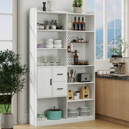 Bookshelf and Bookcase with Pegboard and Drawer or Kitchen Pantry Cabinet, 9 Cubby Display Book Shelves, Modern Wide Wood Shelving Unit Living Room or Kitchen and Dinning Room, White
